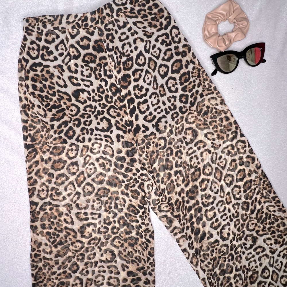 Leopard print sheer chiffon wide leg pants.